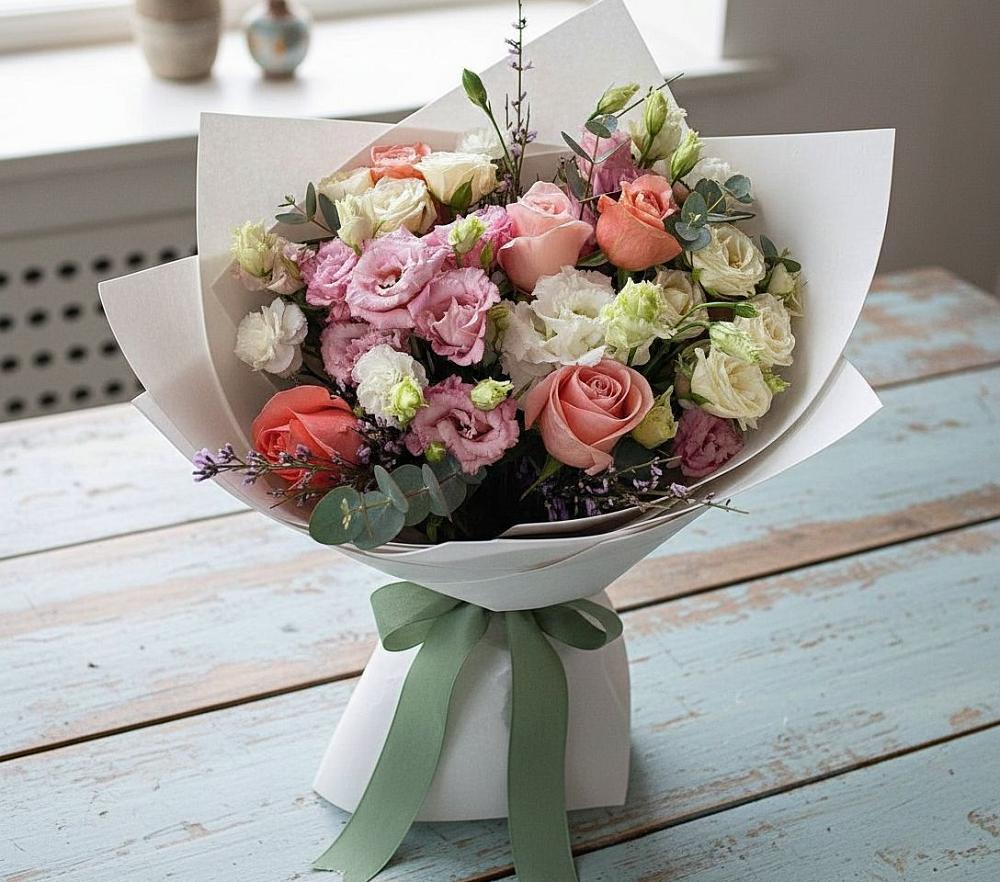 Букет цветов из: Розы, Лизиантусы и Гвоздики в Дагестанской