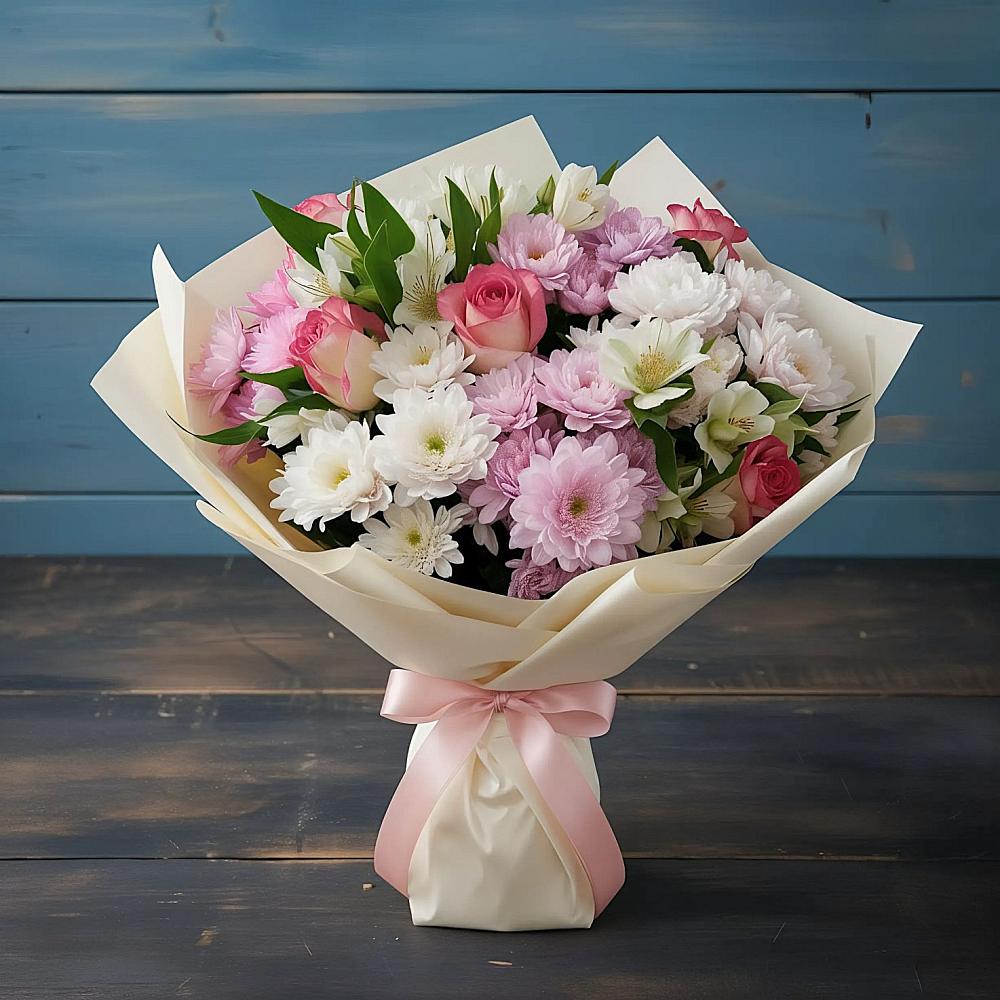 Букет цветов из: Хризантемы, Альстромерии и Розы в Дагестанской